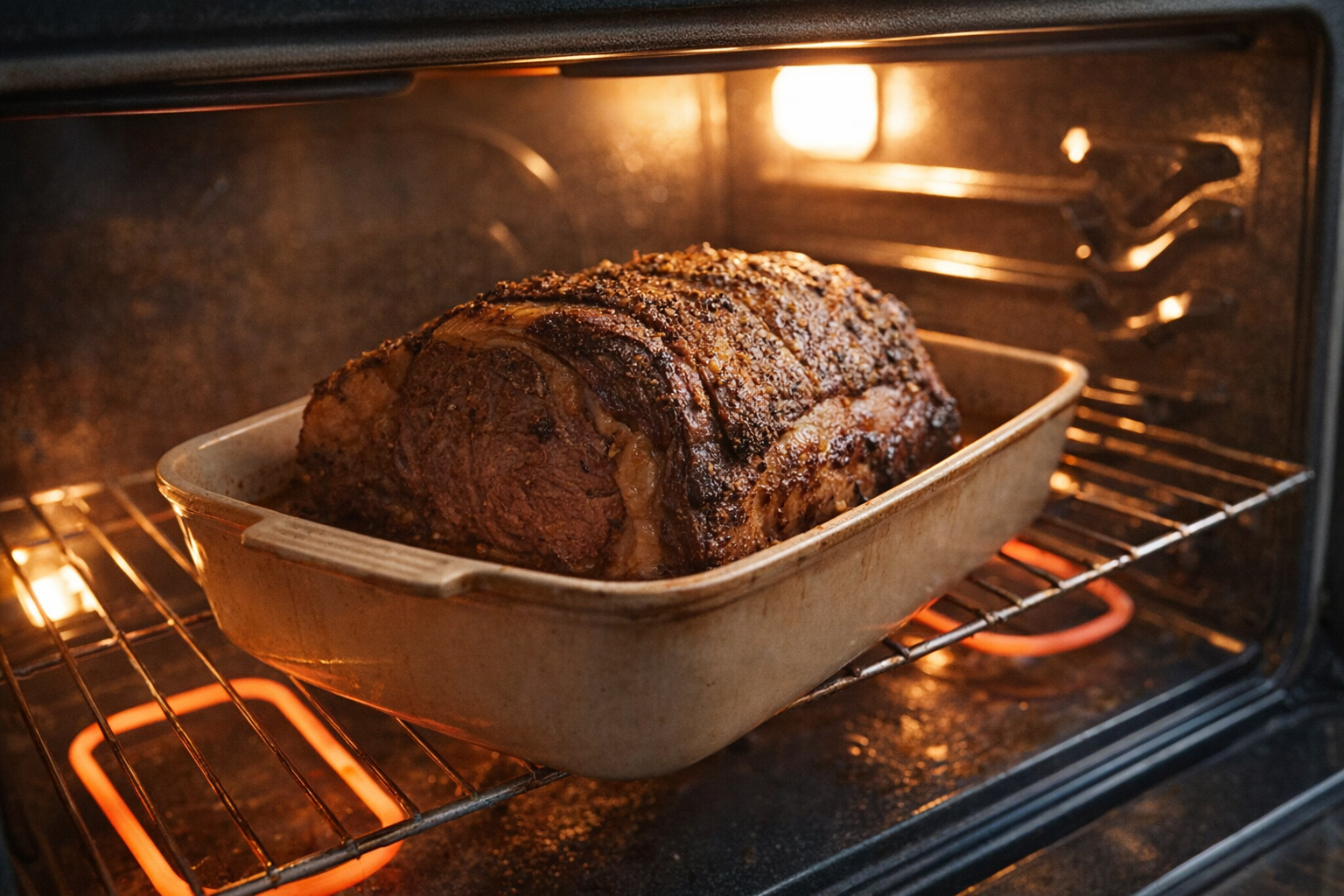 A medium shot of a sirloin roast in a roasting pan, inside an oven, visible heating elements, bright oven light